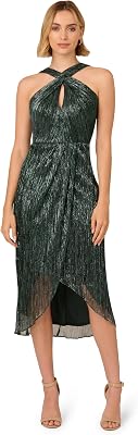 knee length dresses for ladies Metallic Crinkled Mesh Draped Long Gown In Green Slate-Green Slate /  Regular / 0