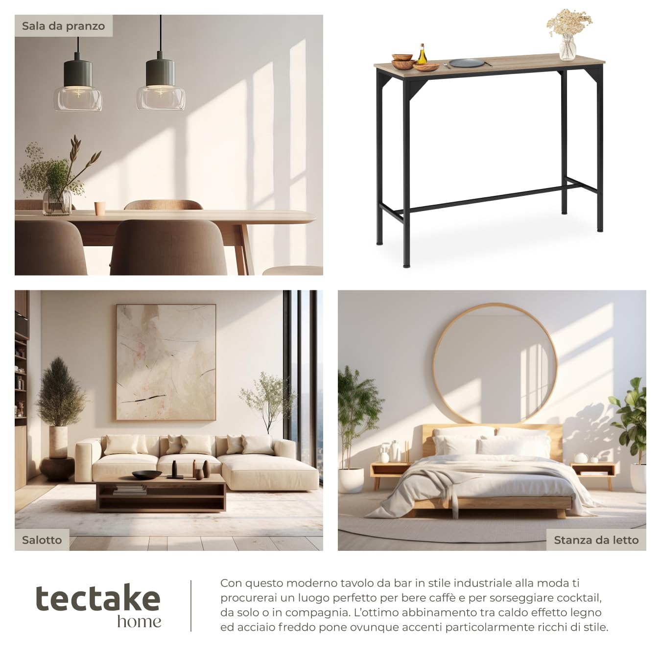 tectake® Tavolo Alto da bar snello, Tavolo stile industriale minimalista, Bancone Bar, supporto in acciaio verniciato, piedi regolabili 120 x 40 x 100,5 cm, Casa e Cucina - Legno Industriale Chiaro