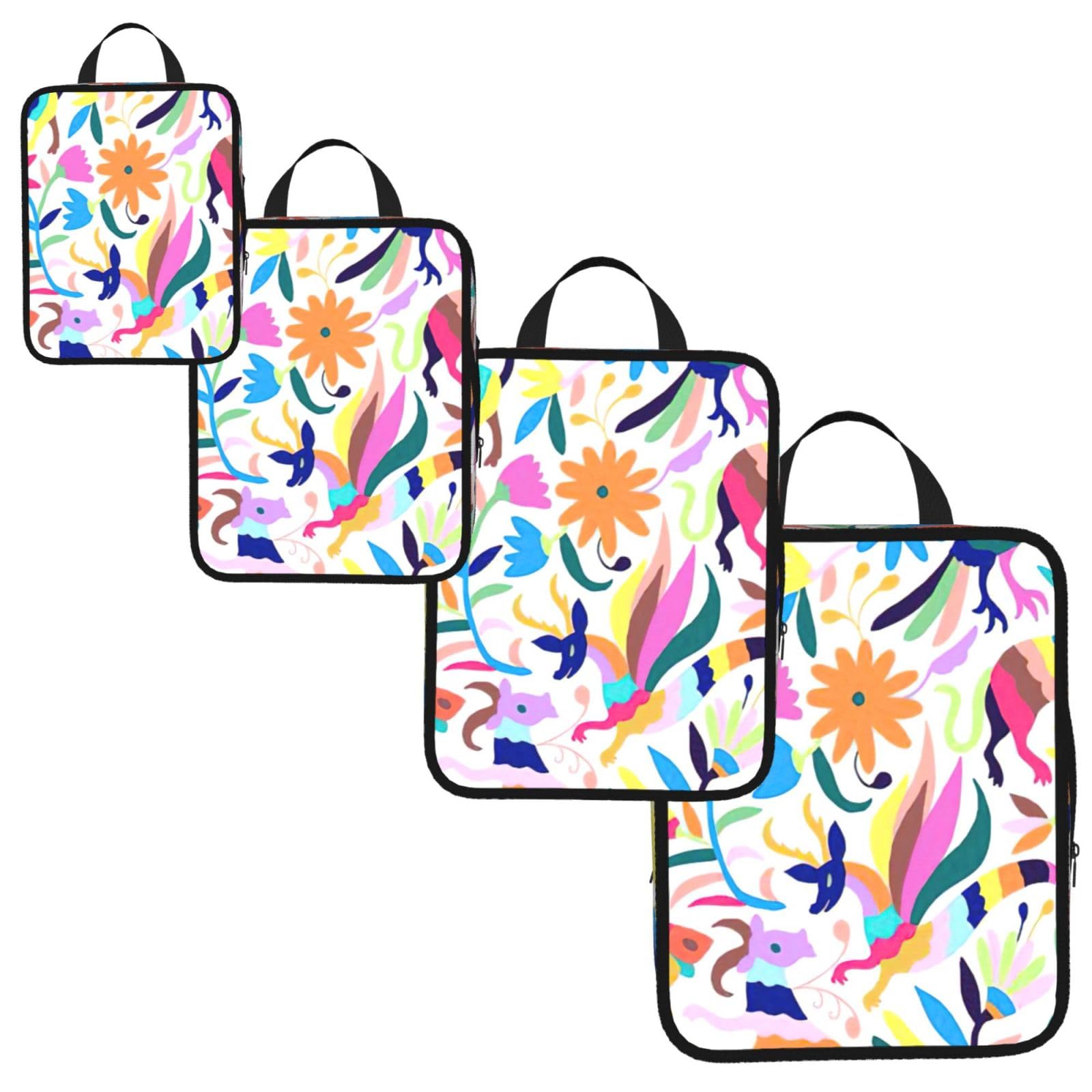 Mexican Otomi Animals Print 4 Set Compression Packing Cubes for Suitcases,Expandable Storage Bags Organizers