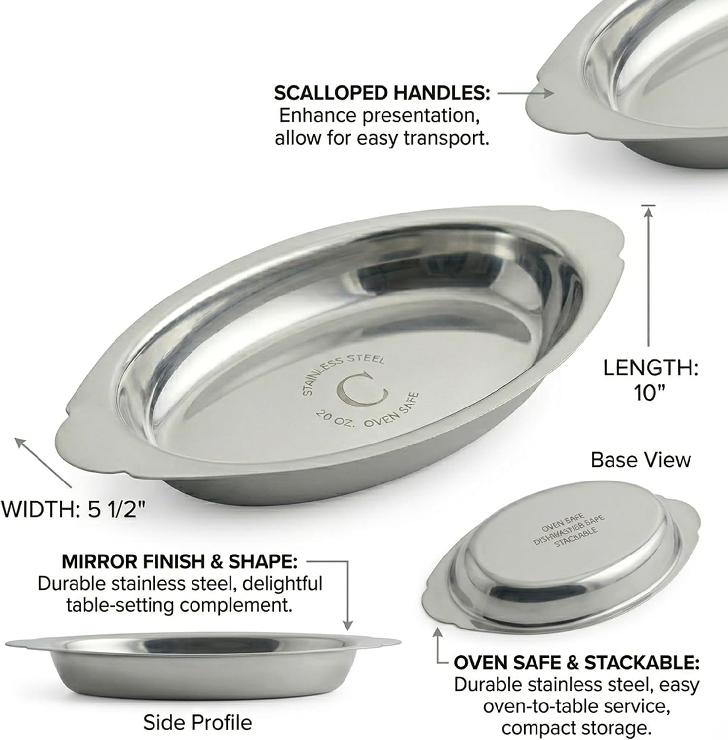 20 oz Stainless Steel Oval Au Gratin Dish with Scalloped Handles, Oven Safe Mirror Finish Serving Dish for Casseroles, Mac and Cheese, Side Dishes & Desserts, Dishwasher Safe