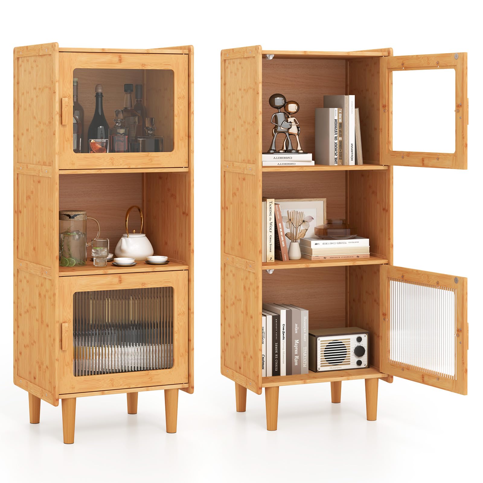COSTWAY Buffet Vitrine 3 Compartiments, Armoire Cuisine Bambou Naturel, 49,5 x 40 x 130 cm, Porte Magnétique, Vaisselier Colonne Cuisine, Bibliothèque Salon