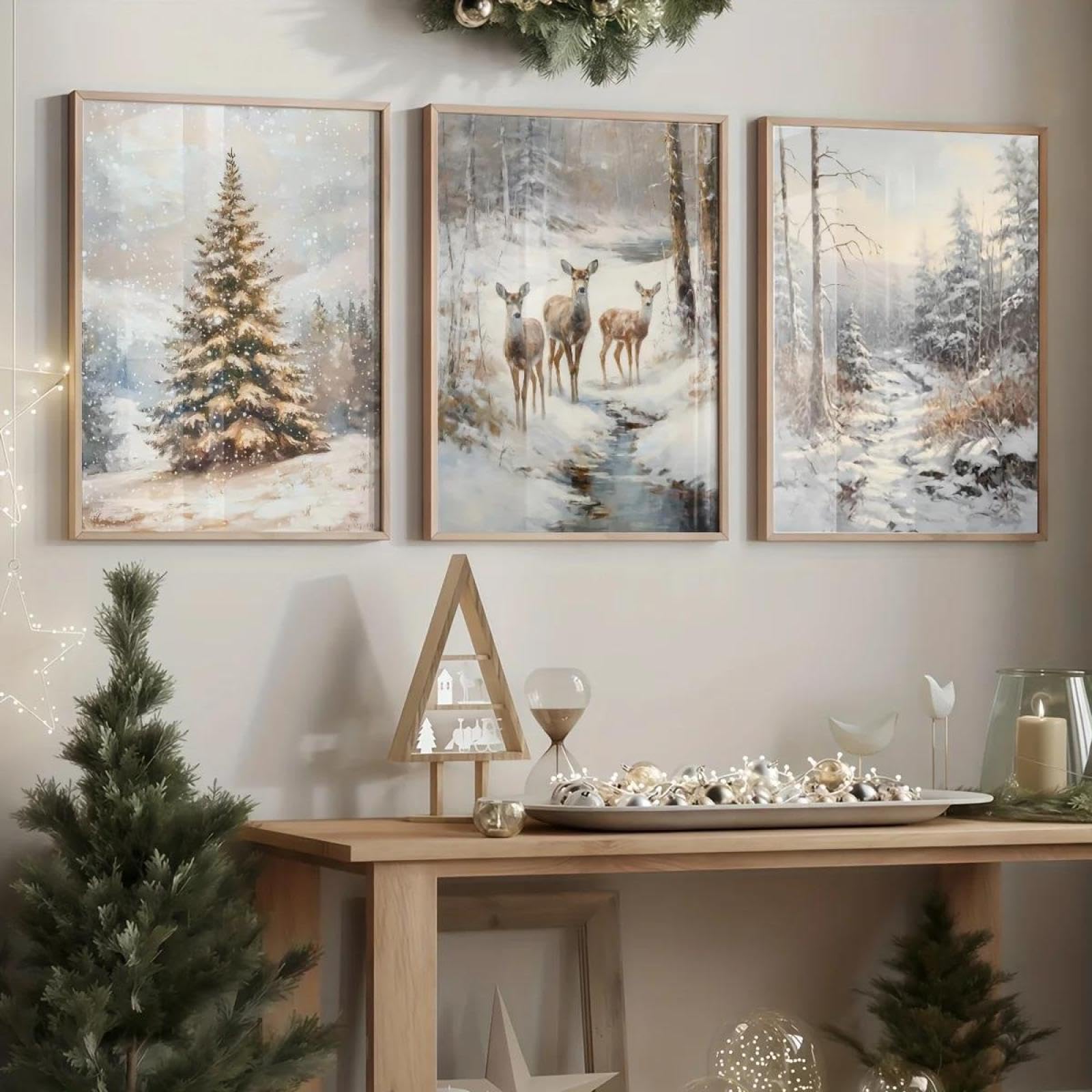 Baibexing Retro Snow Forest Deer Winter Rustic Canvas Painting Poster And Prints Wall Art Picutre For Living Room Home Decor 40X60Cmx3Pcs Unframed