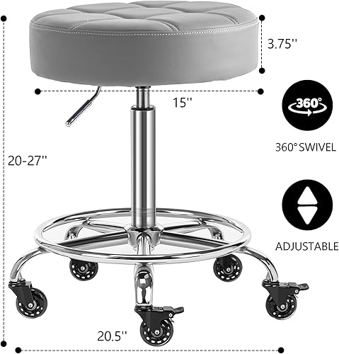 Miniatura 10 de Taburete giratorio ajustable con ruedas de goma silenciosas y reposapiés para cocina, estudio de esteticista médico (negro, 20-27 pulgadas)