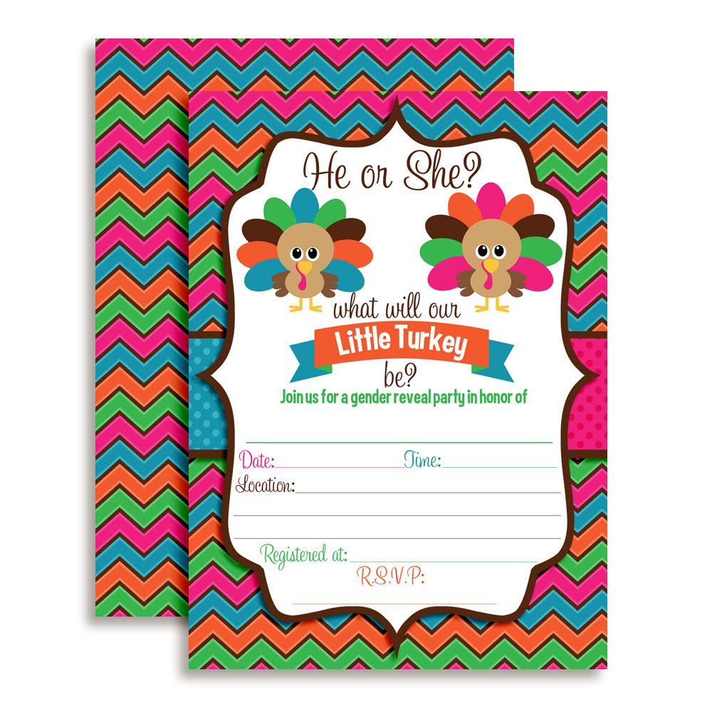 Little Turkey Gender Reveal Baby Shower Party Invitations, 20 5"x7" Fill in Cards with Twenty White Envelopes by AmandaCreation