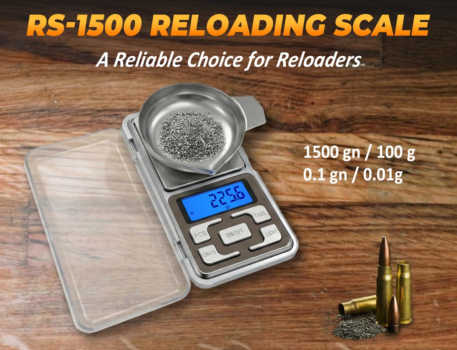 RS-1500 - Bilancia digitale per ricarica, 1500 grani x 0,1 gn, con piastra in metallo, peso di calibrazione e batterie, ricarica forniture e attrezzature