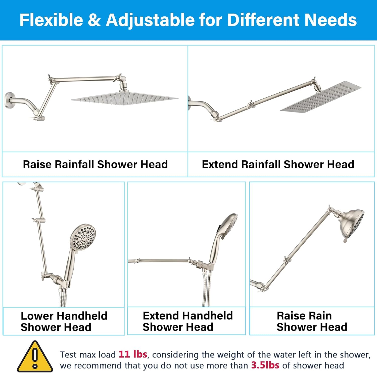 PDPBath Brass 16 Inch Shower Head Extension Arm, Upgrade Flexible Height & Angle Adjustable Shower Arm Extender with Lock Joints, for Fixed Shower Head & Handheld Shower Head, Brushed Nickel