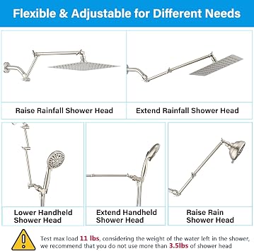 PDPBath Brass 16 Inch Shower Head Extension Arm, Upgrade Flexible Height & Angle Adjustable Shower Arm Extender with Lock Joints, for Fixed Shower Head & Handheld Shower Head, Brushed Nickel