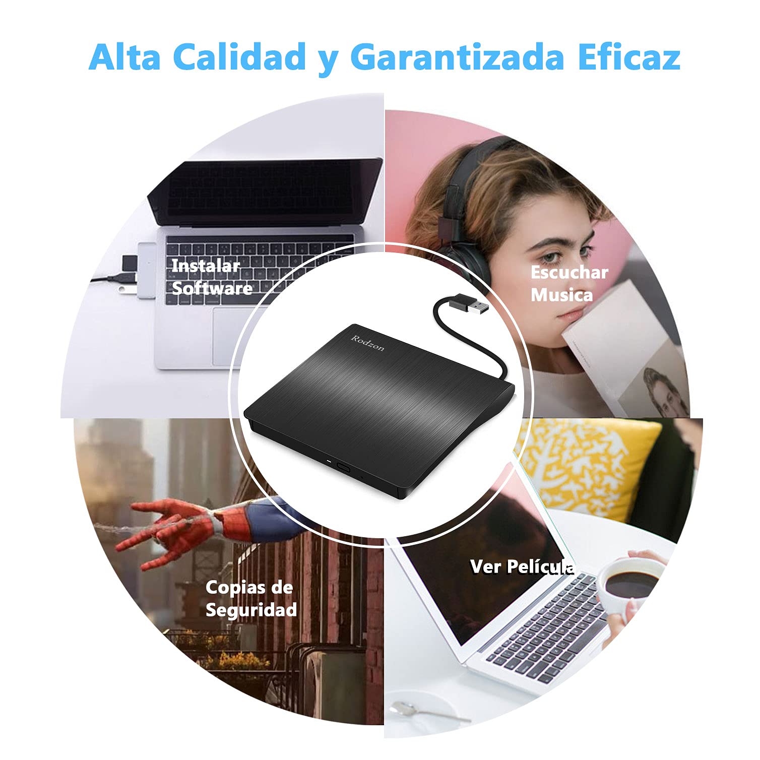Rodzon Grabadora Externa USB 3.0, Unidades Portátil CD/DVD /-RW/ROM Estable con Lector/Quemador/Re - Quemador para Win 10/8 / 7 / XP/Vista/Linux/Mac OS