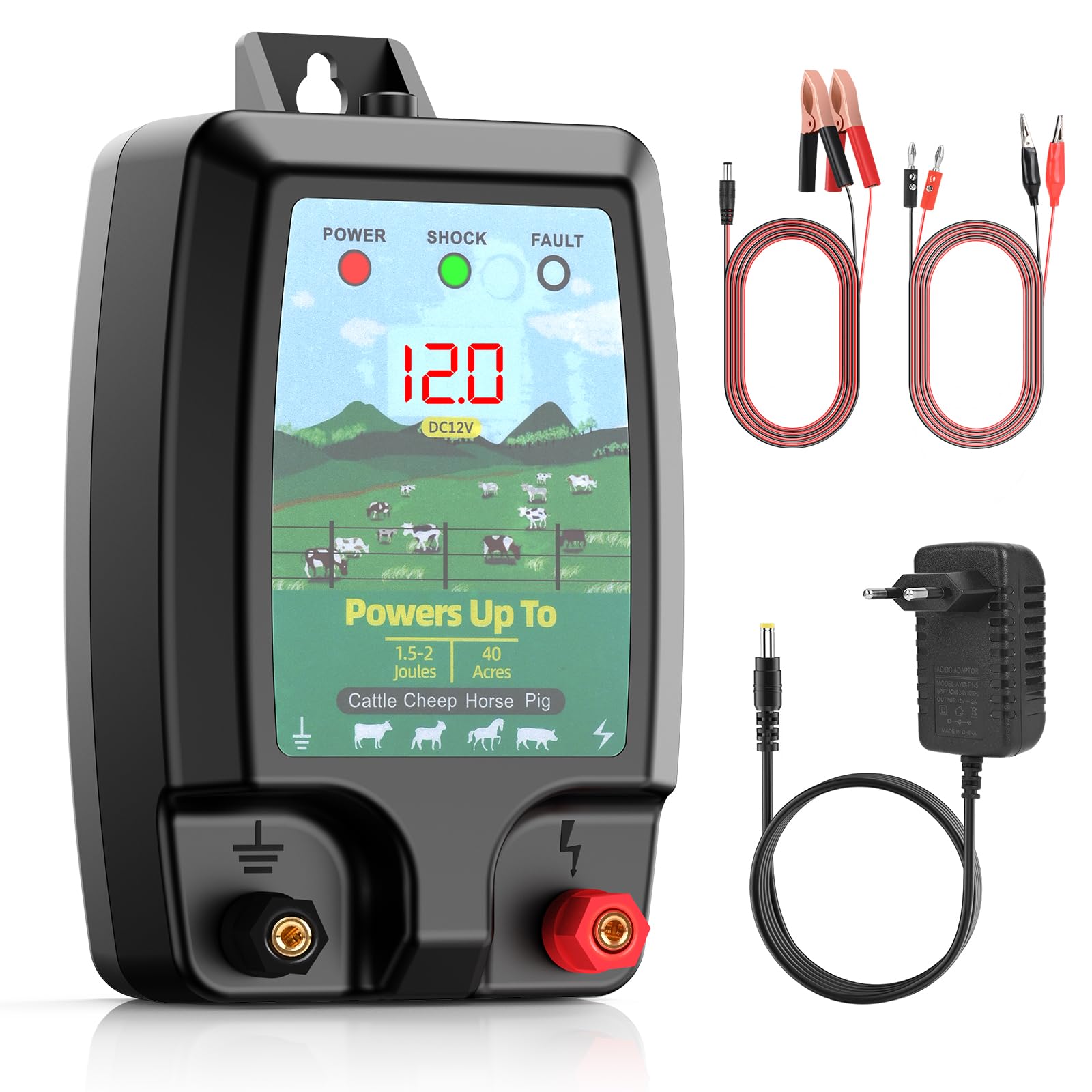 Valla eléctrica de 10 km de alta potencia para animales, electrificador 2J profesional con pantalla LCD, sistema impermeable resistente para granja, jardín y pasto