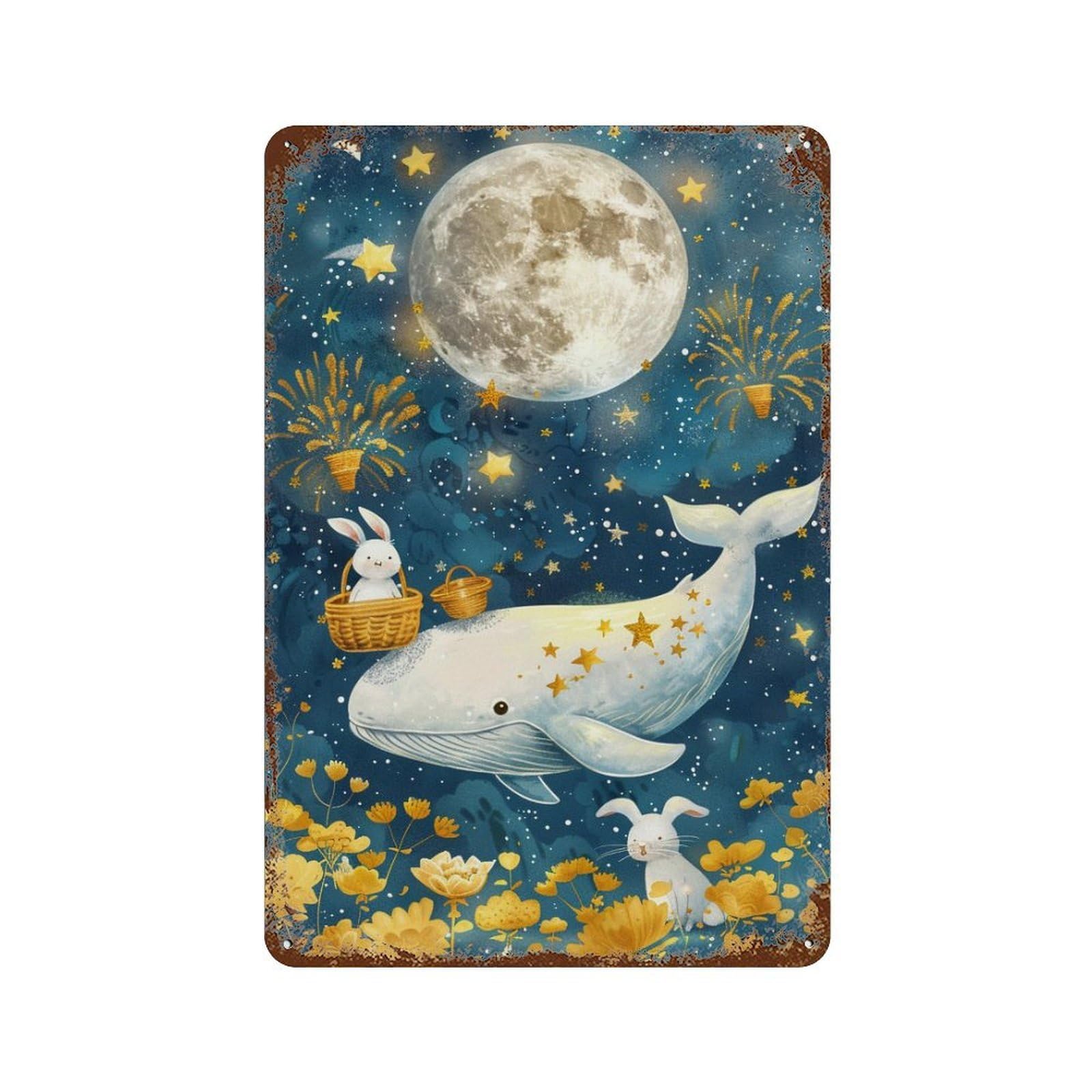 Rust Effect Whale And Bunny Night Sky Rusty Metal Tin Sign 11.8"x7.9", Old School Wall Decor for Cafe, Home Bar And Lounge Decor