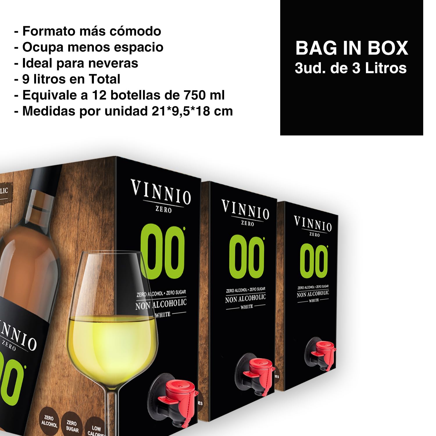 Vino blanco SIN alcohol - Formato Nevera - VINNIO - 0,0 Premium Blanco | 3 Bag in Box de 3 litros- total 9 litros | Equivalente a más de 12 Botellas de 750 | Formato ahorro Formato Nevera