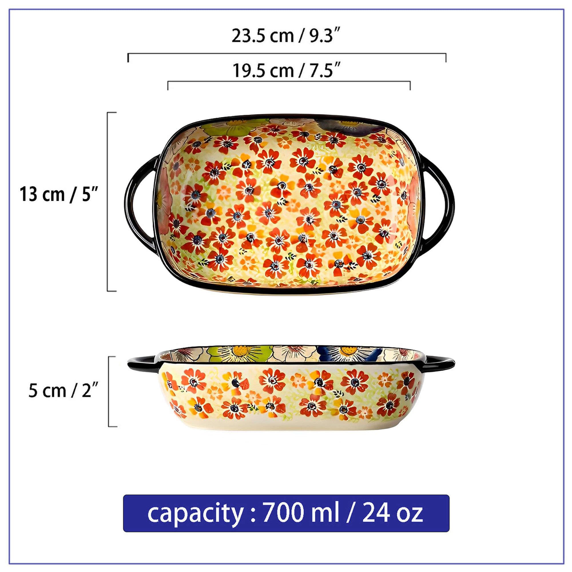 Ceramiczne naczynie do pieczenia do piekarnika, małe naczynie do zapiekania z uchwytami, piekarnik ceramiczny do pieczenia kwiaty w kolorze C prostokąt 700 ml