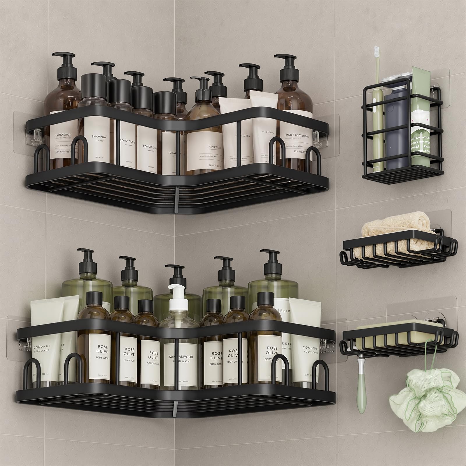 veken corner shower caddy 5-pack, advanced rustproof design, no drilling adhesive shelves, rack with soap holder, large capacity bathroom organizers and storage, wall-mounted kitchen&home decor,black