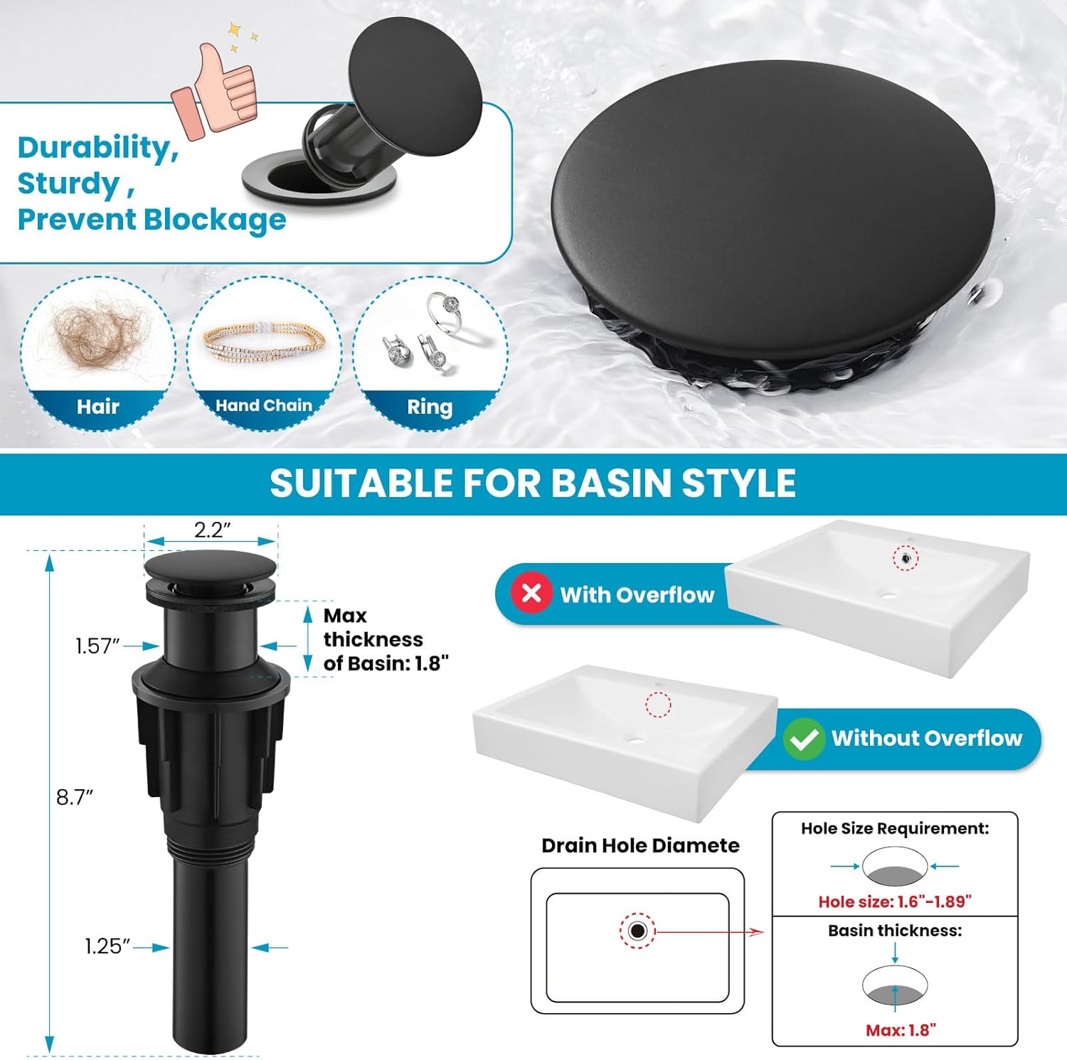 gotonovo Waterfall Tall Bathroom Faucet 1 Hole Single Handle 304 Stainless Steel Vessel Sink Faucet with Pop Up Drain Modern Lavatory Mixer Tap, Matte Black