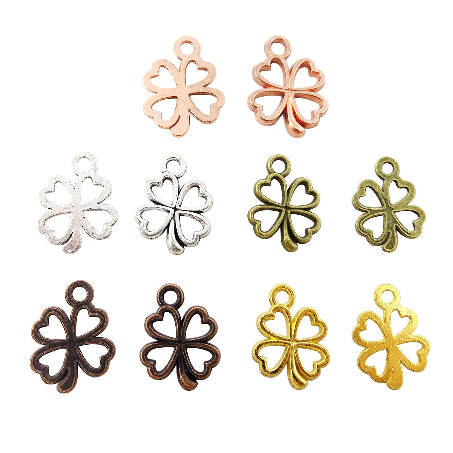 Honbay 100PCS Alloy Four Leaf Clover Shamrock Lucky Charms Pendants St Patricks Irish Metal Pendant for Necklace Bracelet Anklet Headpiece Keychain Crafting Jewelry Making (5 Color)