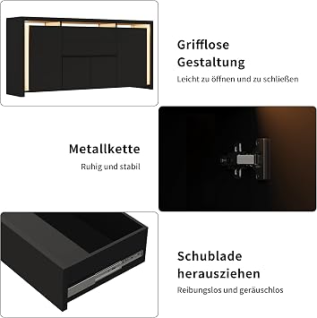 Sideboard TV Lowboard mit LED Licht - Hochglanz Schwarz Modern 4 Türen & 2 Schubladen Schrank mit versteckten Griffen & großer Stauraum (Schwarz 160 x 75 x 35 cm)