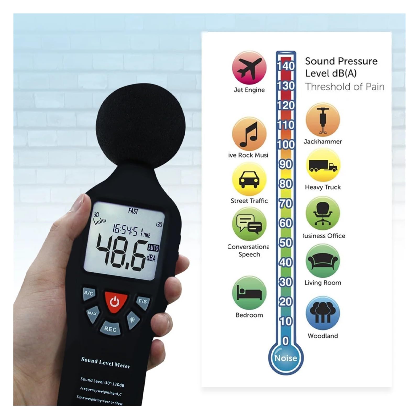 Sonomètres, Sonomètre numérique, plage de 30 à 130db, décibels bruit, for la maison et le bureau, avec fonction d'enregistrement données, écran LCD CD