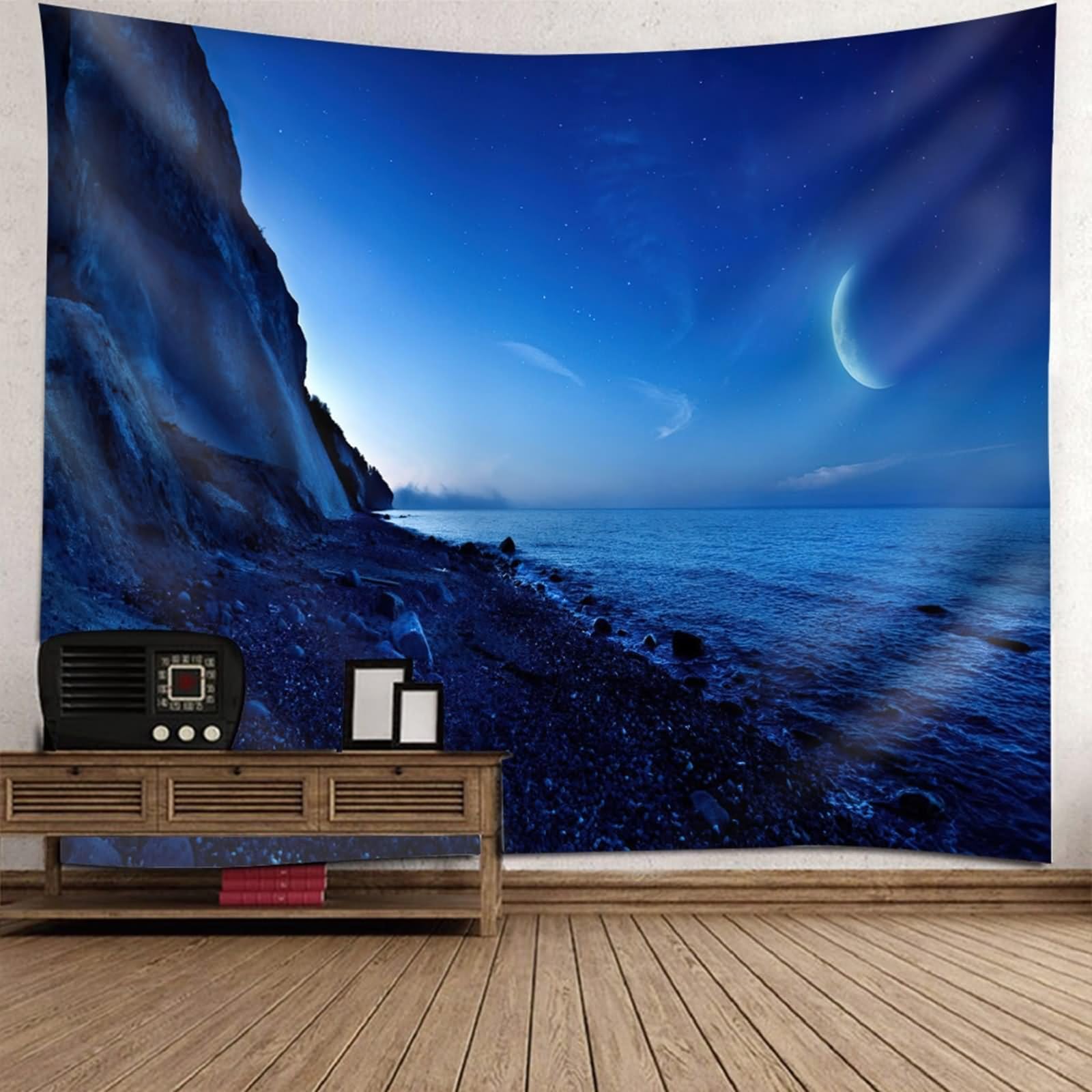 Aotiwe Nowoczesna dekoracja ścienna z materiału, morze i księżyc, ciemnoniebieska, makata na ścianę, duża, 200 x 200 cm