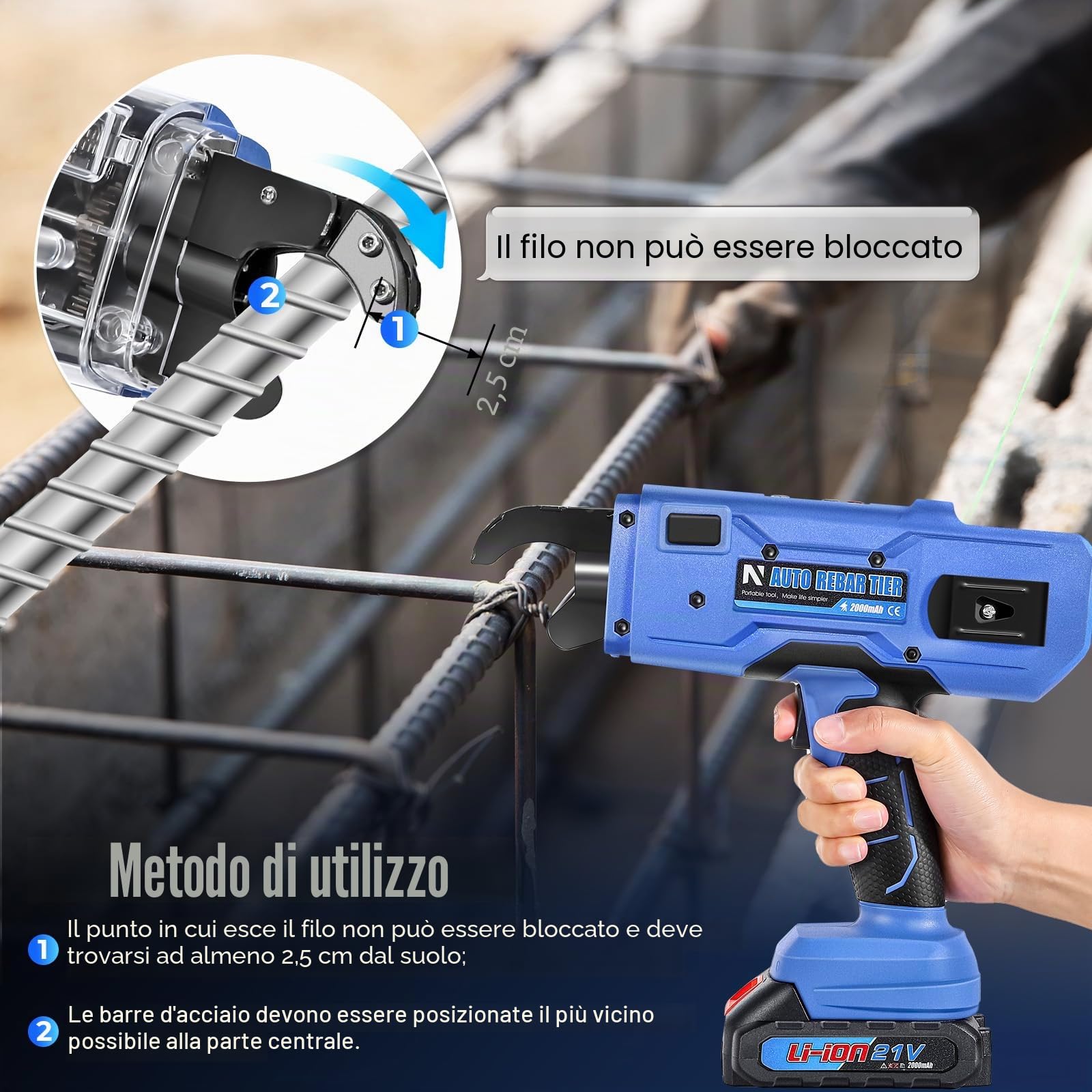 NEWTRY 20 V - Legatrice per ferraglia automatica per barre in acciaio da 0,3 a 1,33 pollici (7 ~ 34 mm), con 2 pezzi. 2.0 Ah Batteria e Caricabatterie