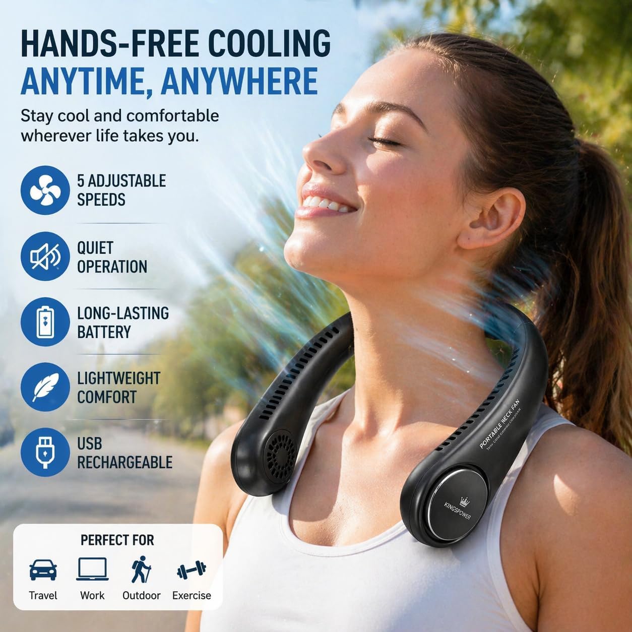 Portable Bladeless Neck Fan – Hands-Free Personal Cooling Fan with 5 Speeds, Quiet & Lightweight, USB Rechargeable for Travel, Outdoor & Daily Use