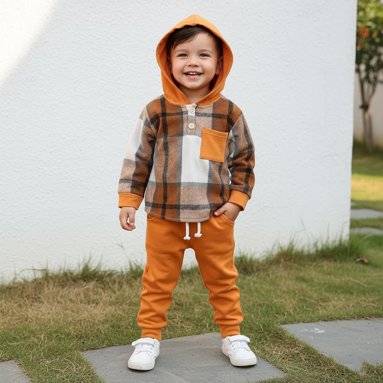 Toddler Baby Boys Clothes Fall Winter Outfits Lattice Button Down Hooded Sweatshirt Tops Pants Sets 12 Months-5T - Image 2