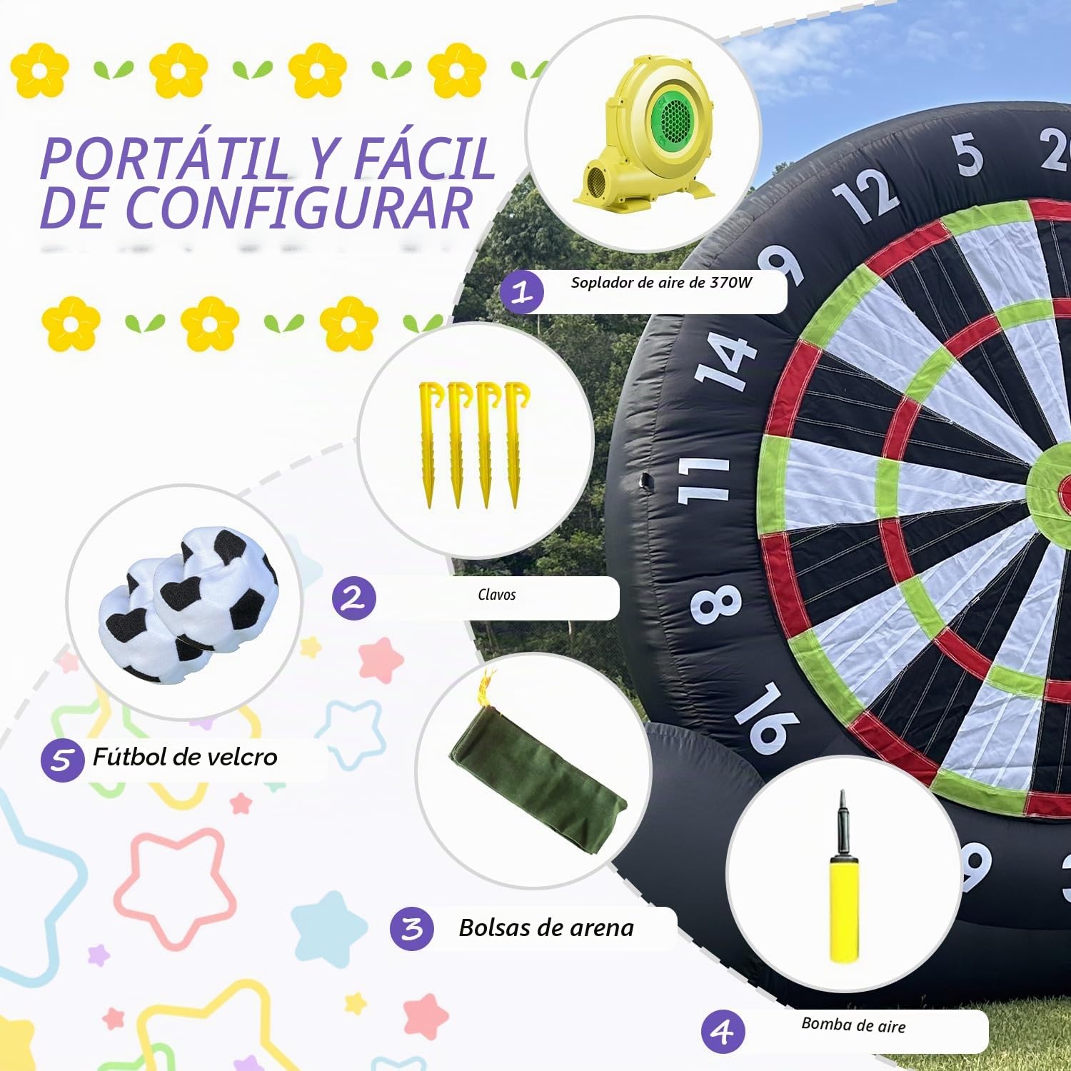 Tablero de Dardos de Fútbol Inflable para Exteriores (3m de Alto), Tablero de Dardos de Fútbol Gigante con 8 Pelotas de Fútbol y Soplador de 370W