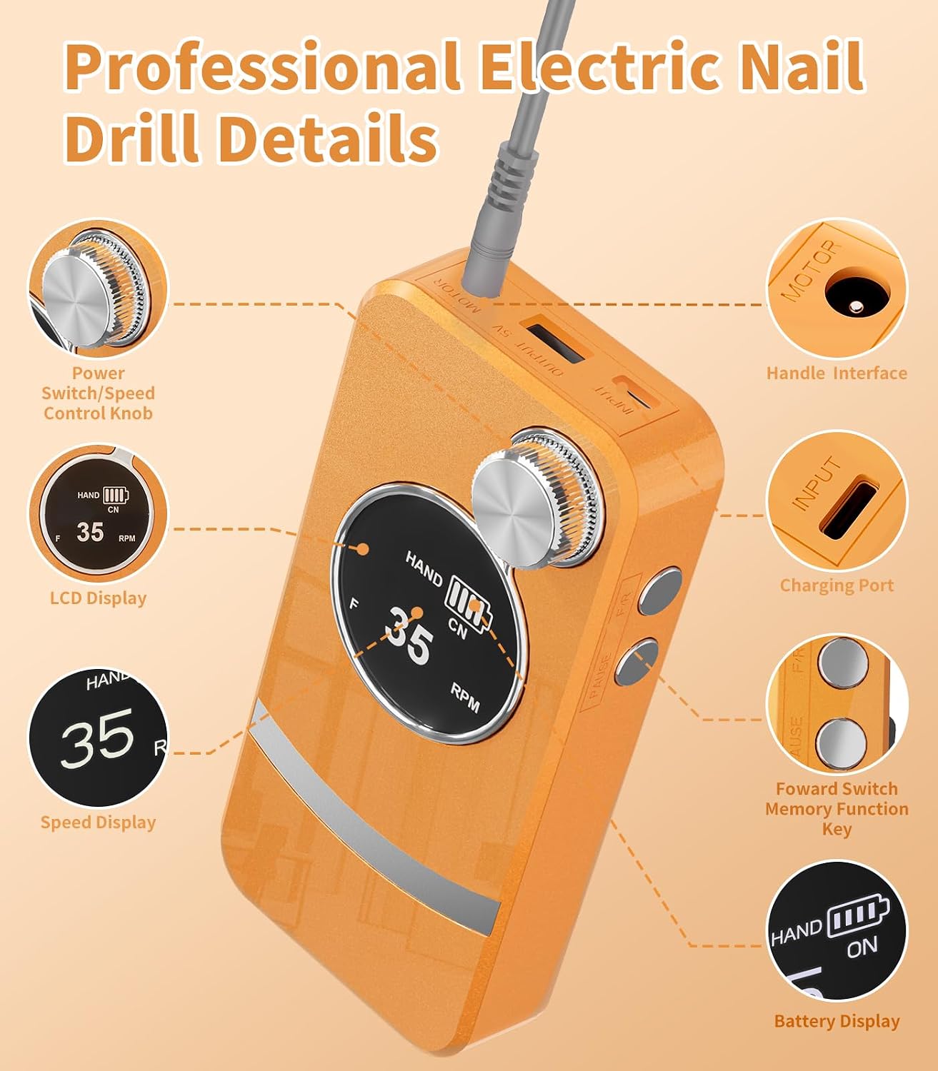 Electric Nail Drill Professional, Portable Rechargeable 35000 RPM - Cordless Electric Nail File Machine Kit for Acrylic Gel Polishing Removing, Manicure at Home DIY & Salon (Orange)