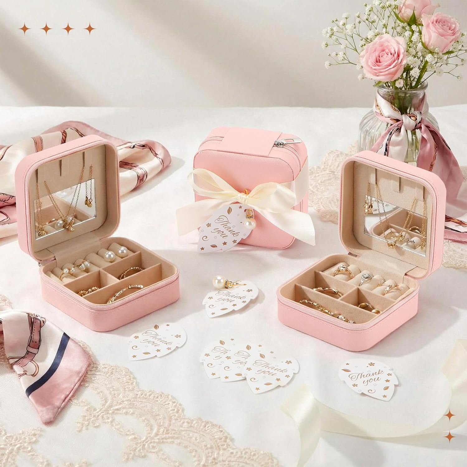 Nosiny 12 Set Travel Jewelry Case Box Bridesmaid Gifts Bulk with Cards and Ribbons Small Jewelry Storage for Women Wedding(Pink)