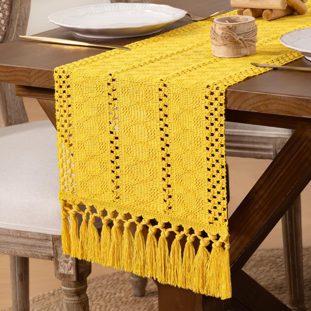 DeZerlor Boho Macrame Table Runner Spring Easter Farmhouse Woven Small Table Runner with Tassels 36 Inches Gold Yellow Cotton Linen Kitchen Table Decor for Dining Dresser Home Tea Table Decor