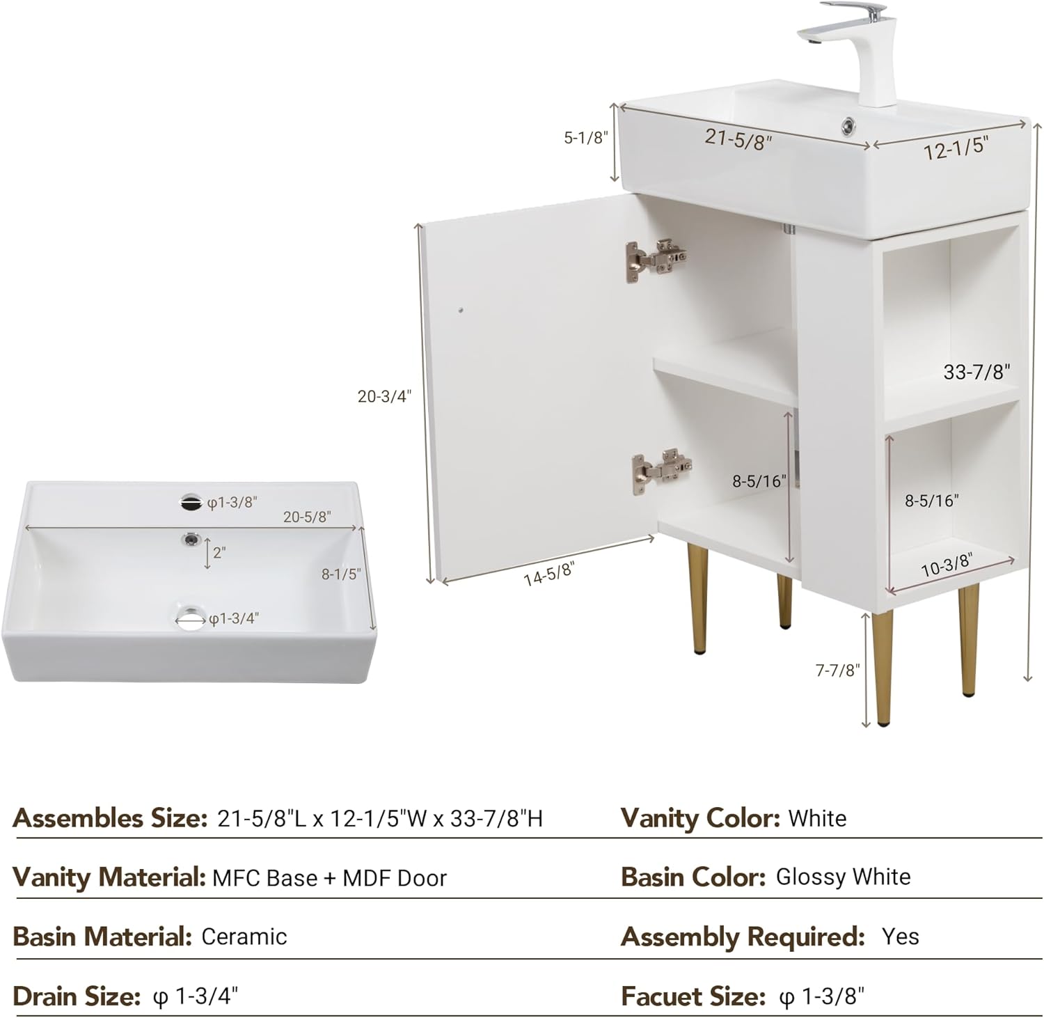Harper & Bright Designs 21.6 Inch Bathroom Vanity with Sink, Narrow Depth Bathroom Vanities, Wood Vanity Cabinet, Soft Closing Door, Freestanding Sink Cabinet W/Open Right Side Shelves, White