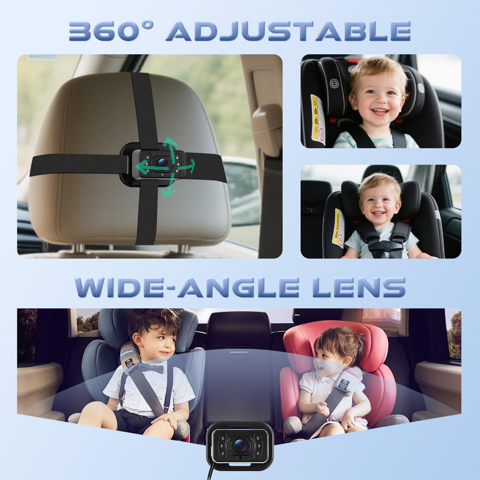 Hodozzy Cámara para Bebé para Coche con Canal Doble, Pantalla Dividida IPS HD de 6,86 Pulgadas, Visión Nocturna, Rotación de 360°, cámara Trasera Fácil de Instalar para Mayor Seguridad y Conveniencia