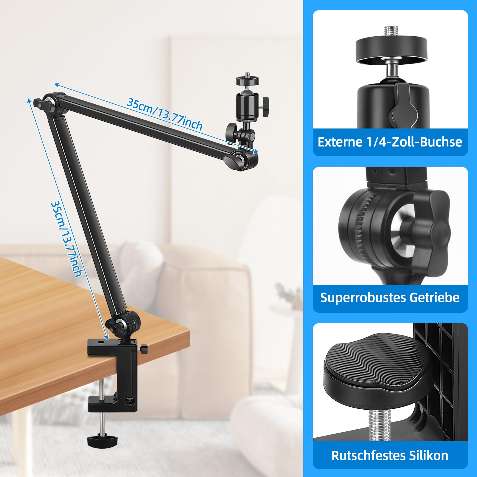 Webcam Ständer Halterung, 70 cm Arm mit Klemme Schreibtisch Kamera Halterung mit 1/4'' Schrauben,Überkopf Tischkamera Telefonhalterung für DSLR Gopro Hero Action Kamera Videoleuchte Logitech Webcam