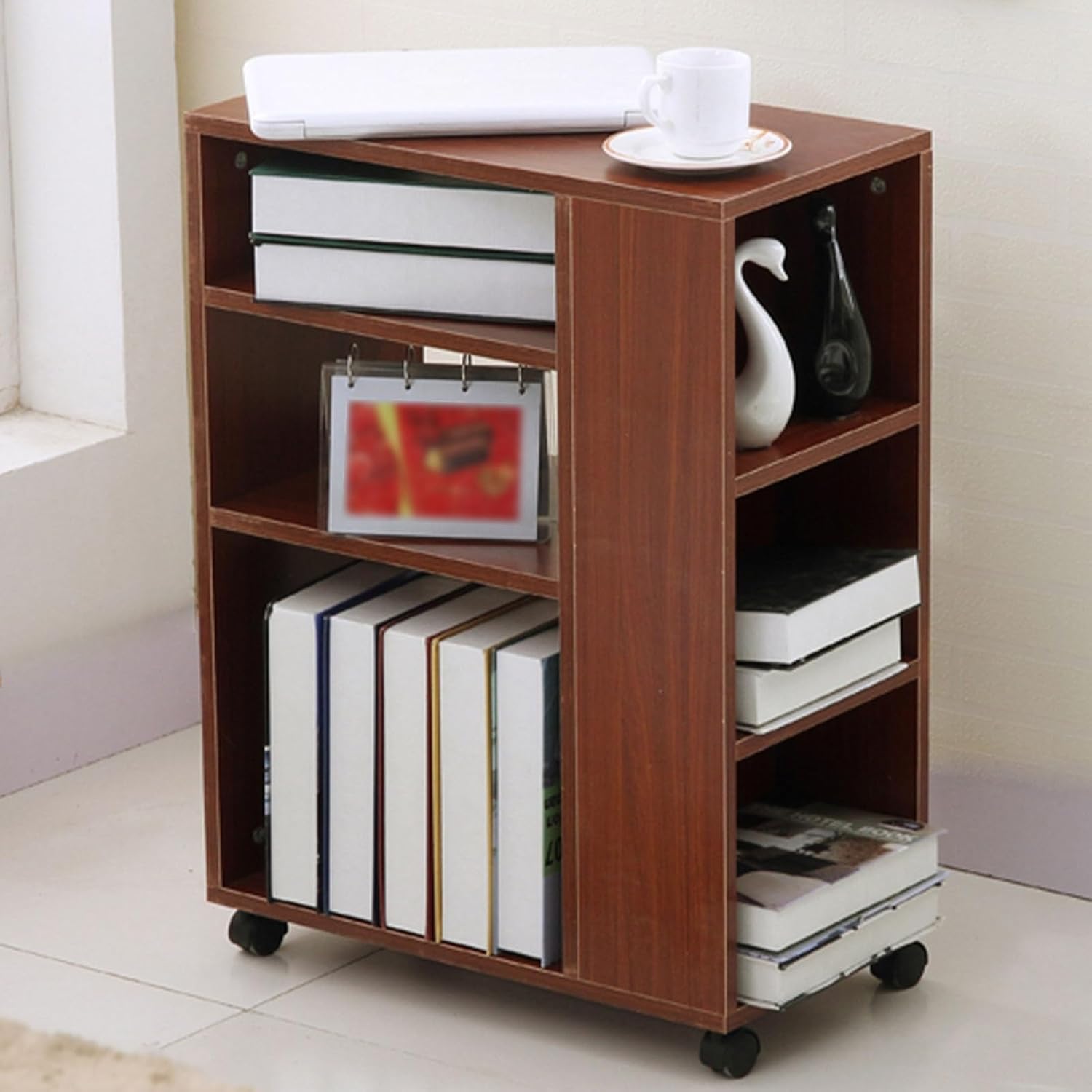 Book Cart 3 Tier，Wood Rolling Library Carts with Wheels，Classroom Storage Cart，Rolling Bookshelf for Home Shelves Office School(B)