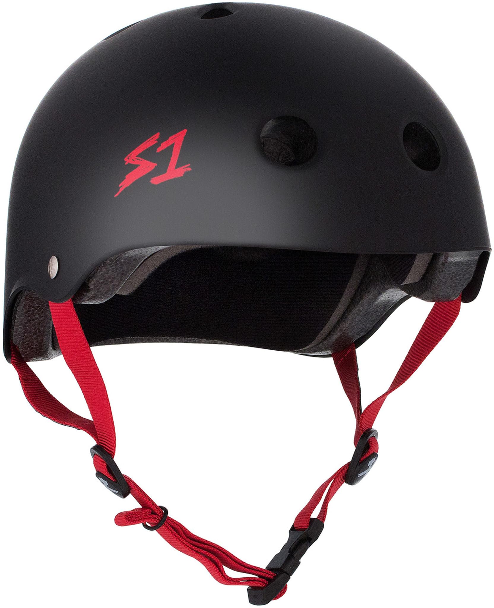 S1 Lifer Helmet for Skateboarding, BMX, and Roller Skating - EPS Fusion Foam, CPSC & ASTM Certified - Black Matte w/Red Straps Medium (54.6 cm) — image 1