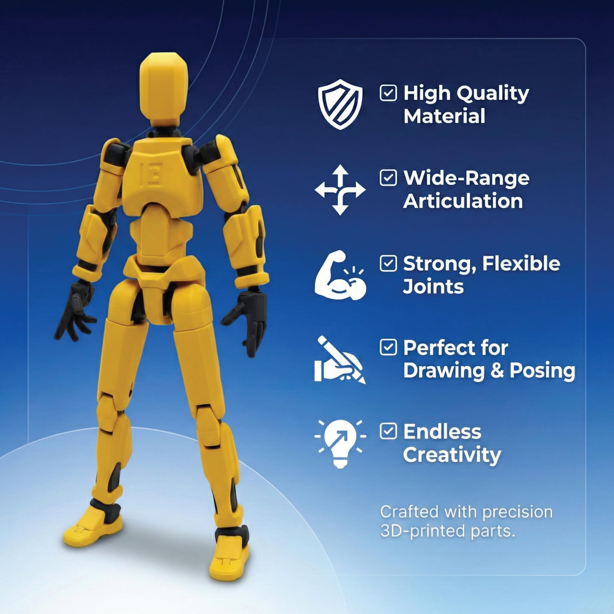 Unscroo Dummy 13 Action Figure Robot | Fully Articulated 3D Printed Toy | DIY Assembly Kit | Poseable Mannequin for Kids & Artists | Red, Blue, Yellow, White (Yellow) 2