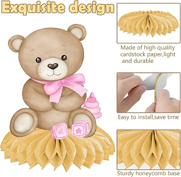 Bear Honeycomb Centerpieces Bear Baby Shower Decorations 11PCS Teddy Bear Table Centerpieces We Can Bearly Wait Baby Shower Decorations Pink Bear Theme Birthday Gender Reveal Party Supplies