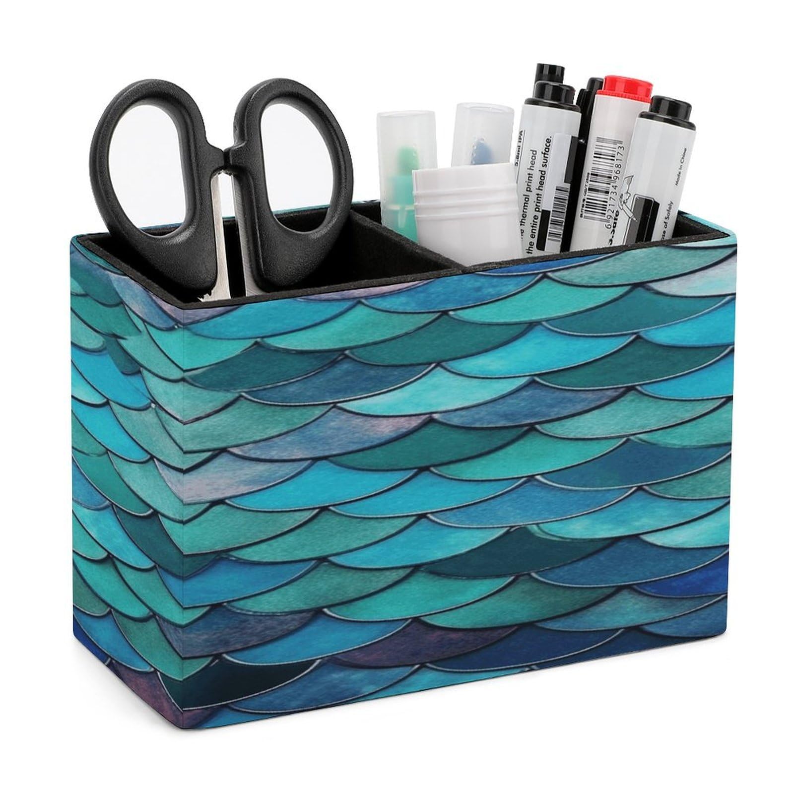 VstaDank Mermaid Pen Holder Double Compartments Pen Cup Fashion Makeup Brush Holders Leather Pencil Holder for Work Locker Accessories Modern Pencil Cup for Desk Organizer