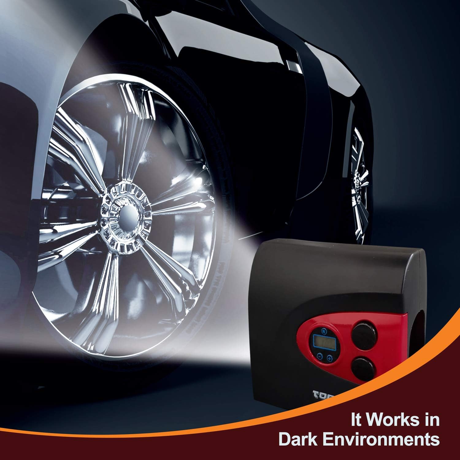 Toolman Digital Tire Inflator operating in a dark environment with its LED light on
