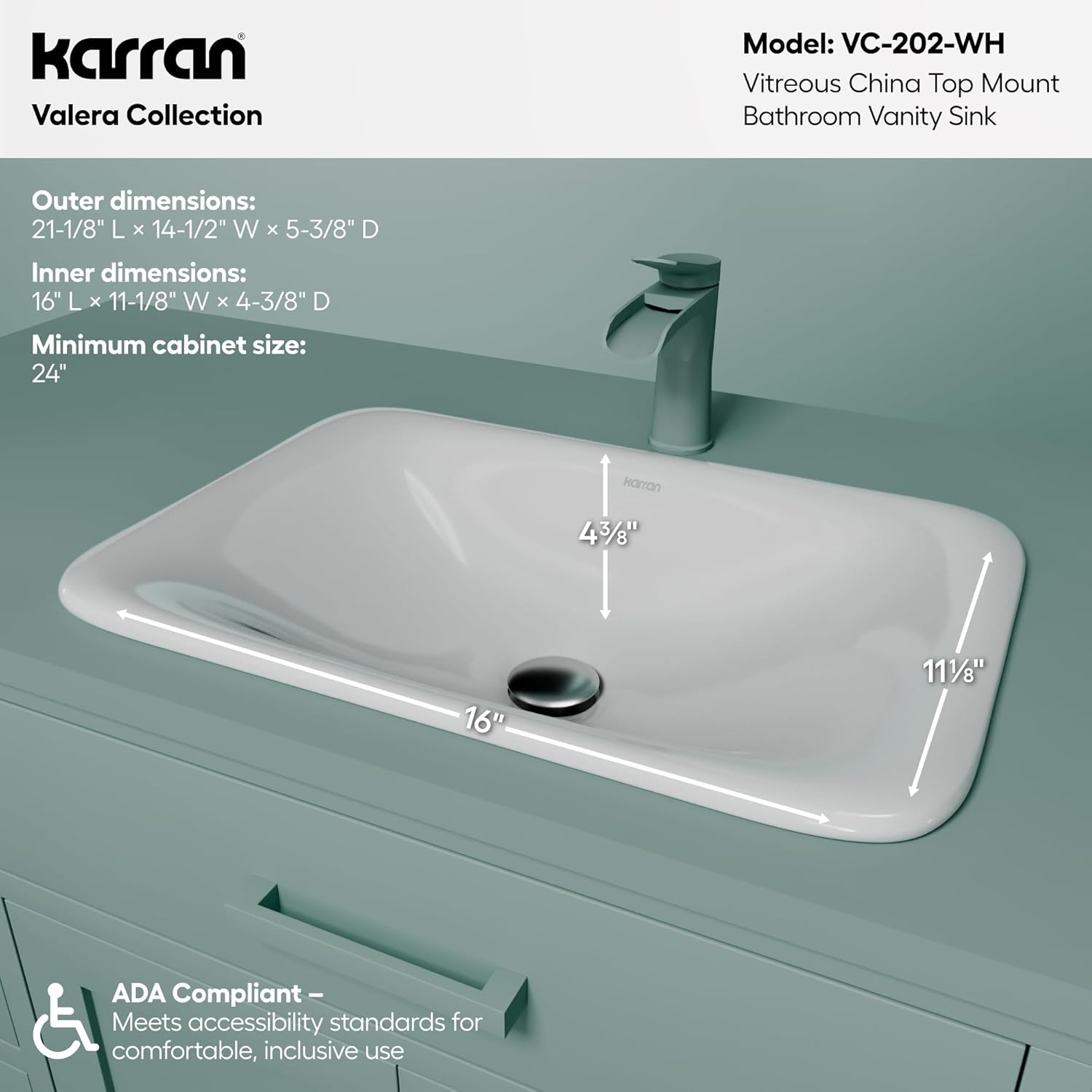 Karran VC-202-WH Valera 21" Top Mount Vitreous China Bathroom Sink in White