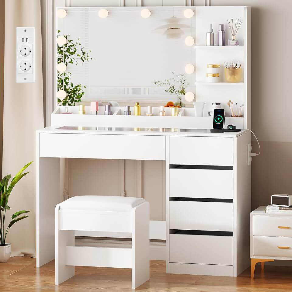 ANWBROAD Schminktisch mit LED Beleuchtung und Hocker, Glasplatte | Schminktisch mit Steckdosen und G