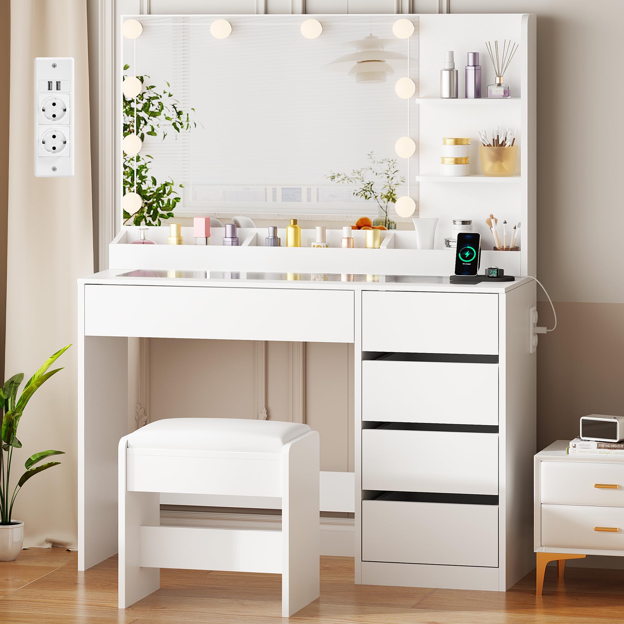 ANWBROAD Coiffeuse avec Miroir et Tabouret Éclairage LED Réglable, 3 Couleurs, Plateau en Verre, Coiffeuse avec Prise 5 Tiroirs et 5 Espaces de Rangement Ouverts, Moderne Blanc BDT74W
