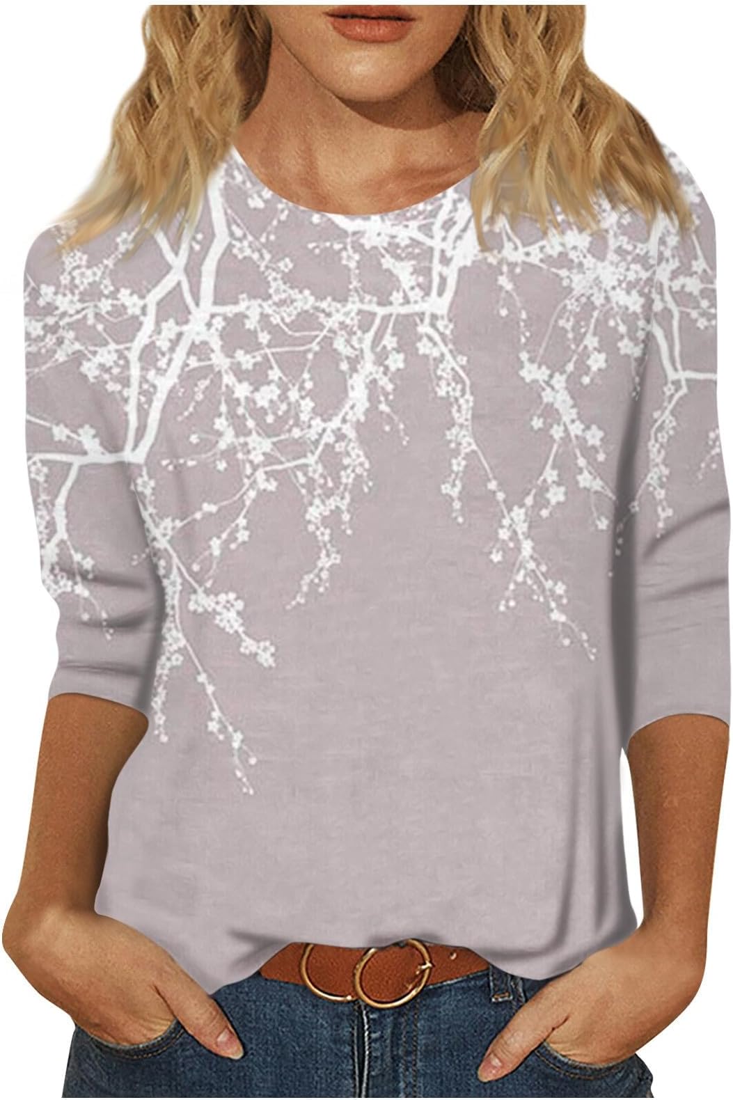KIKX0DEWomens 3/4 Length Sleeve Tops Casual V Neck/Crewneck Summer Shirts Loose Fit Three Quarter Length Sleeve Blouses
