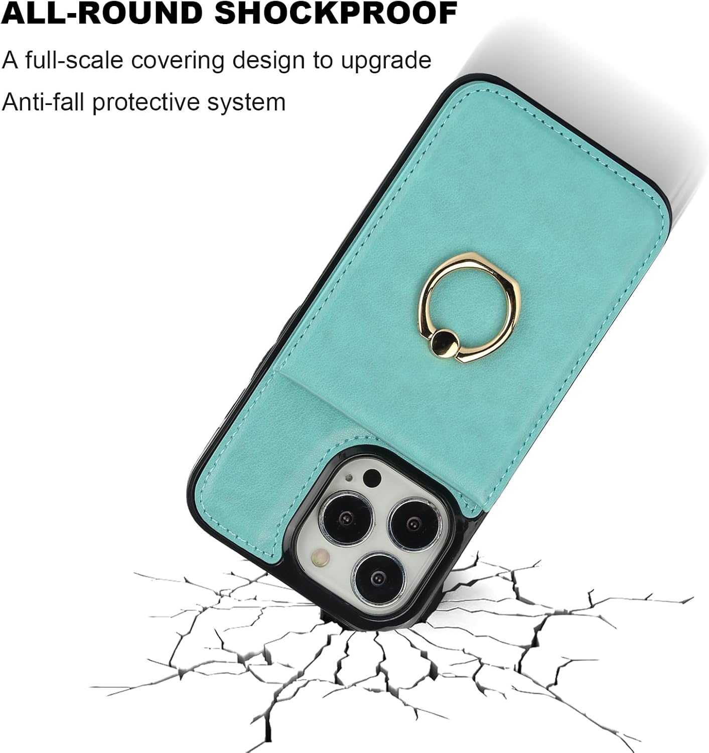 KIHUWEY for iPhone 13 Pro Case Wallet with Credit Card Holder, 360° Rotation Ring PU Leather Magnetic Clasp Kickstand Heavy Duty Protective Cover for Women and Men 6.1 Inch (Mint Green) - Image 8