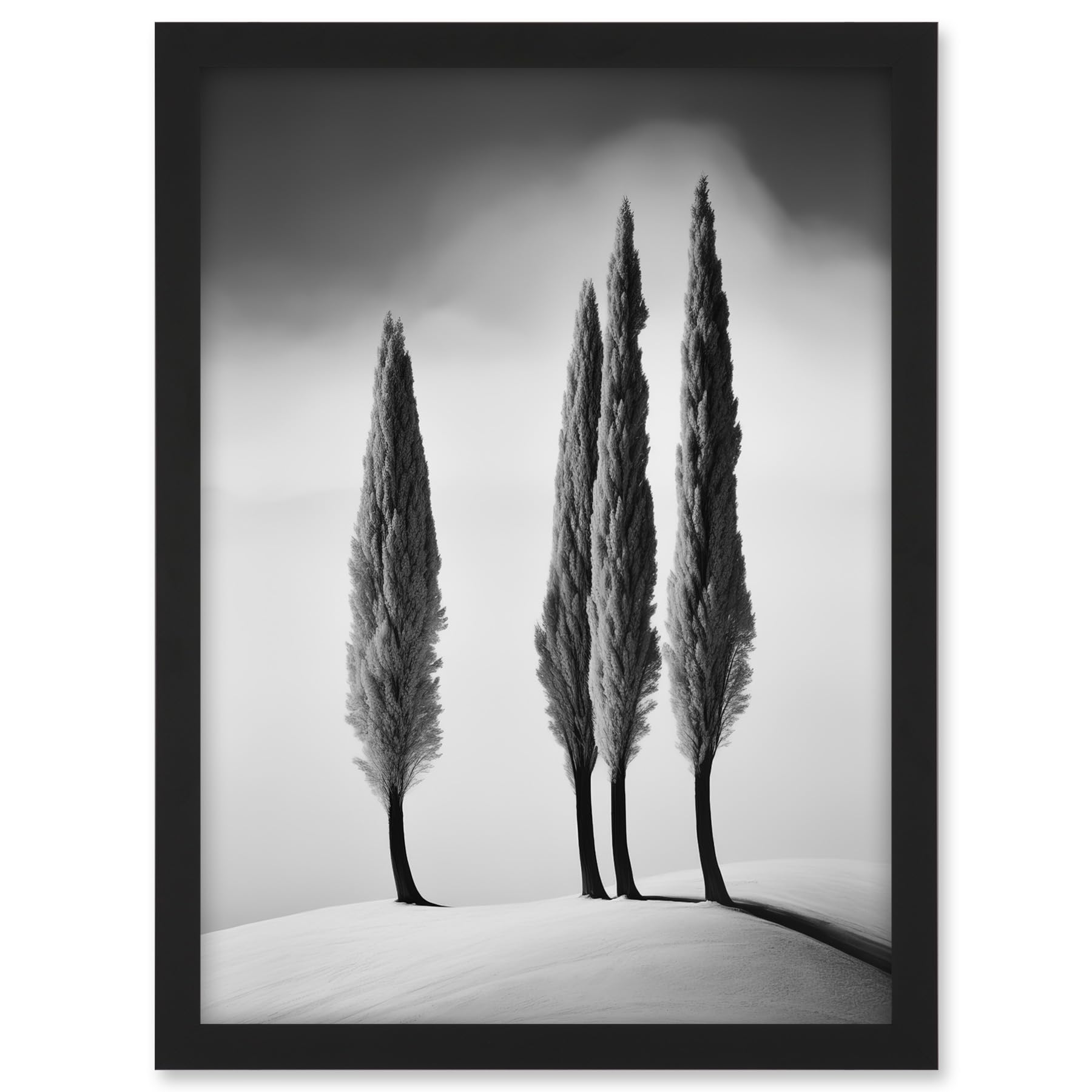 Artery8 Group of Cypress Trees on Snowy Hill Minimalist Black and White Photograph Cypresses in Foggy Winter Landscape Artwork Framed A3 Wall Art Print