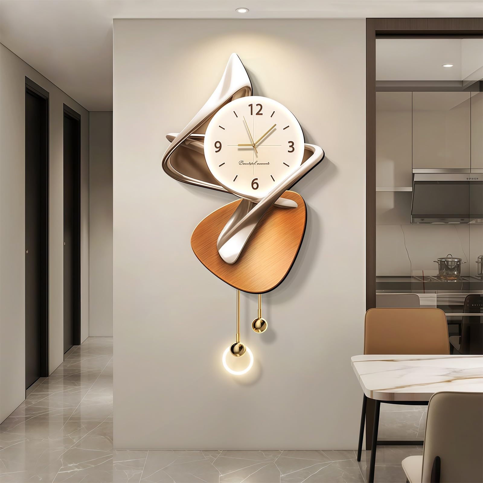 Reloj De Pared Artístico 3D con Luz LED, Reloj Decorativo De Cuarzo Silencioso, Esfera De Porcelana Cristal con Bola Colgante, Decoración Moderna para Salón Dormitorio Oficina