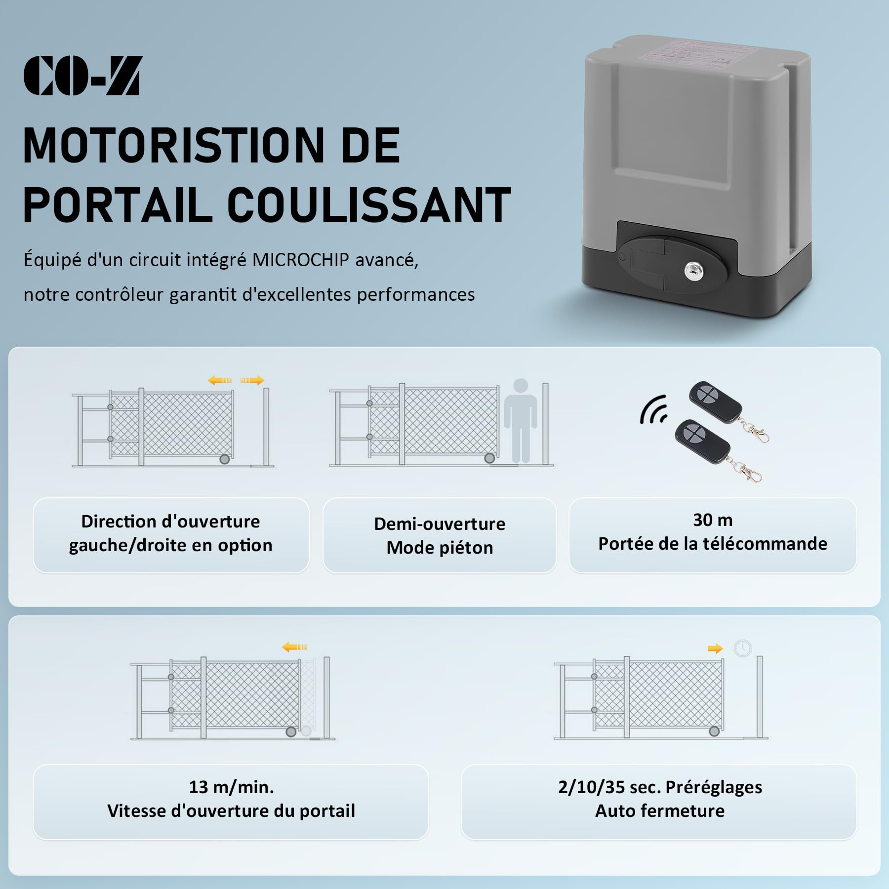 CO-Z Motorisation pour Portail Coulissant 280W - Automatisme Portail jusqu'à 600KG et 8M avec 2 Télécommandes - Sécurité par Capteurs - IP44