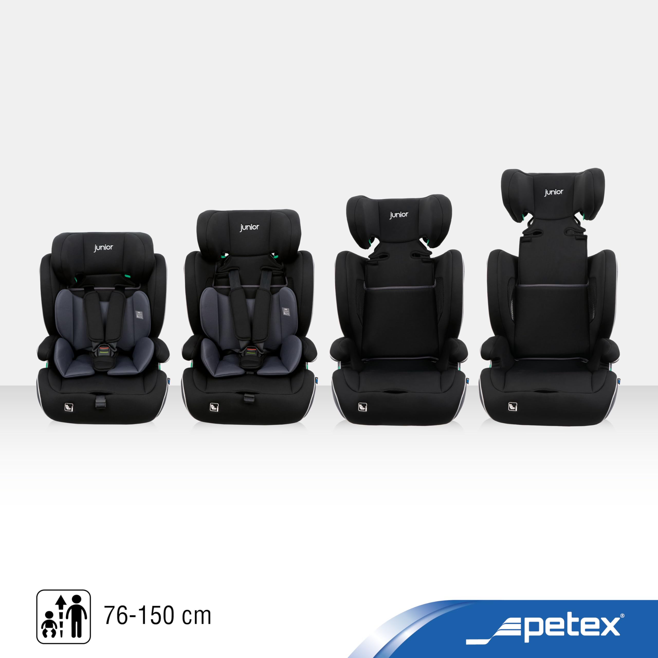PETEX Fotelik samochodowy dla dzieci z ISOFIX – Supreme Plus i-Size norma ECE R129 dla dzieci w wieku od ok. 76 – 150 cm, fotelik samochodowy z regulacją wysokości w kolorze czarnym, 1 sztuka