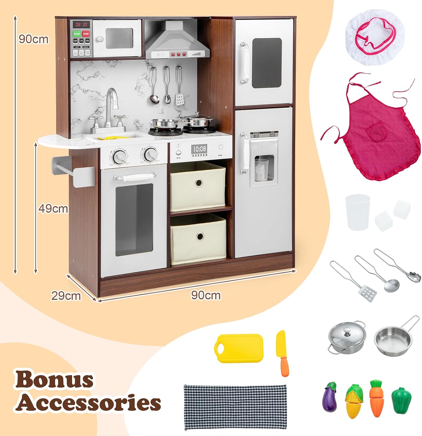HONEY JOY Kids Kitchen Playset, Wooden Little Chef Pretend Play Toy Kitchen Set, Range Hood & Microwave with Lights, Water Dispenser, Fabric Drawer, Play Kitchen for Toddler Boys Girls, Coffee