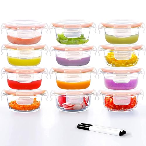 Luvan Recipientes de vidrio para alimentos para bebés de 7 onzas, paquete de 12 frascos de comida para bebés con tapas a prueba de fugas,