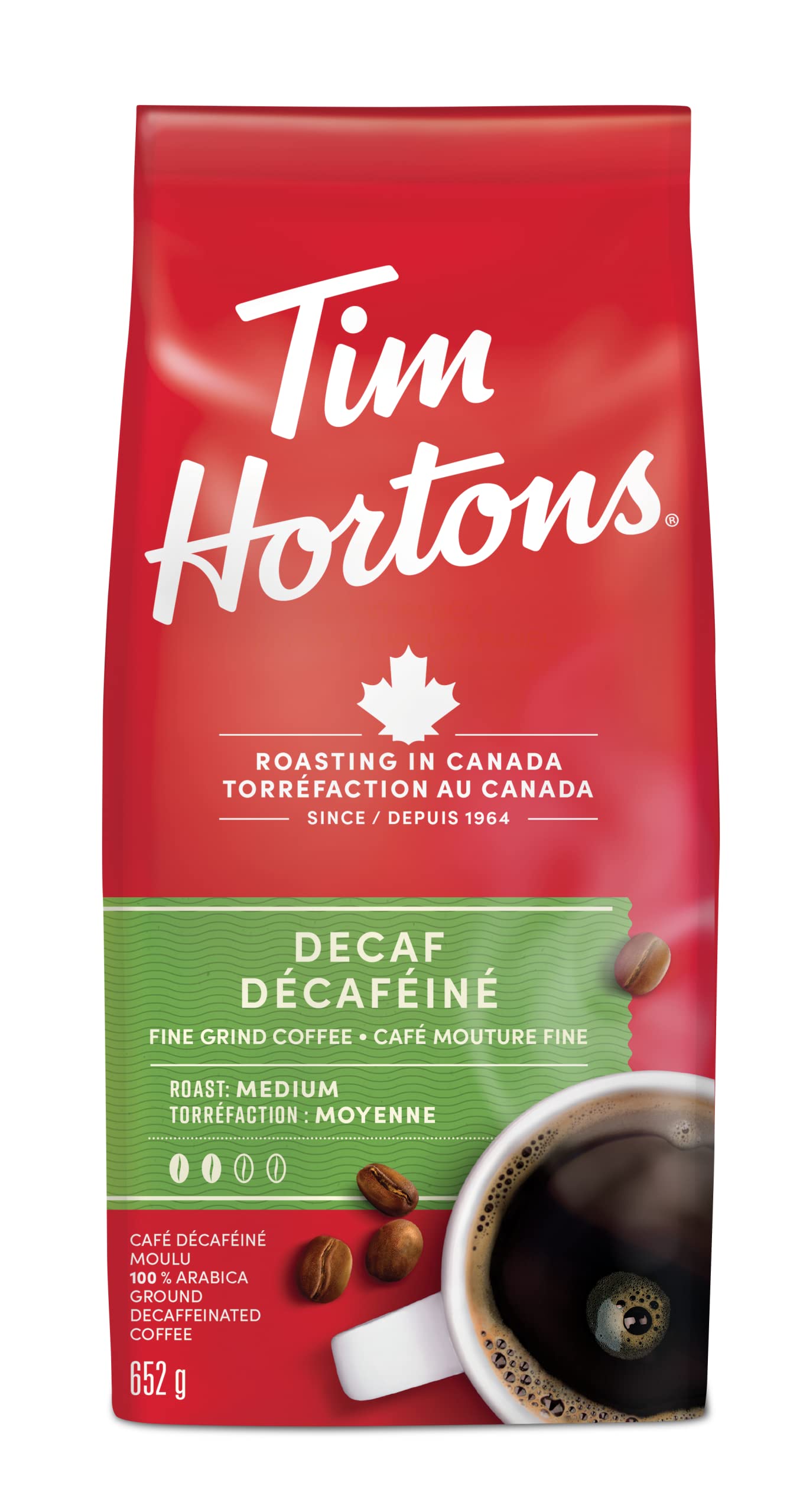 Tim Hortons Decaf, Fine Grind Coffee, Medium Roast, Made with 100